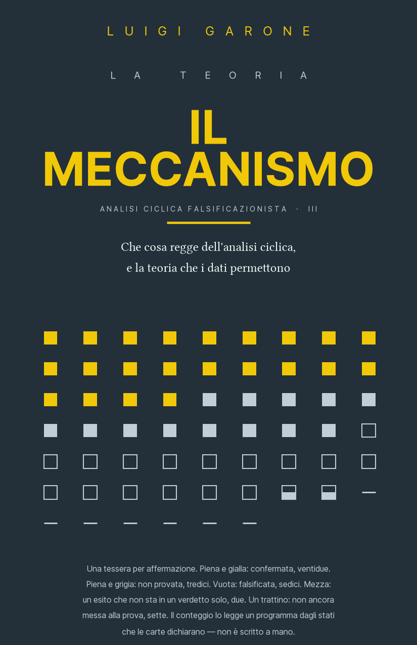 Copertina del terzo volume della collana: una griglia di tessere piene, grigie e vuote, su fondo ardesia.